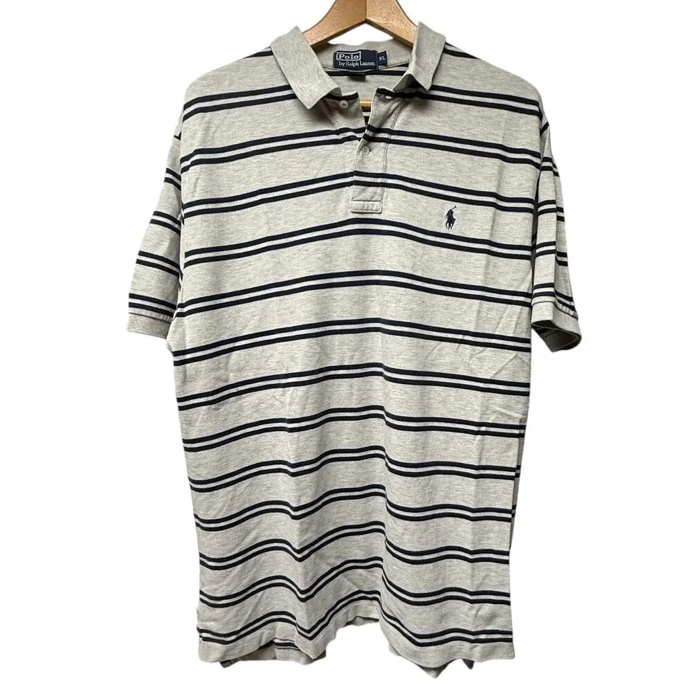 Polo Ralph Lauren Mens Short Sleeve Polo Shirt Size XL Gray Blue Stripe Preppy